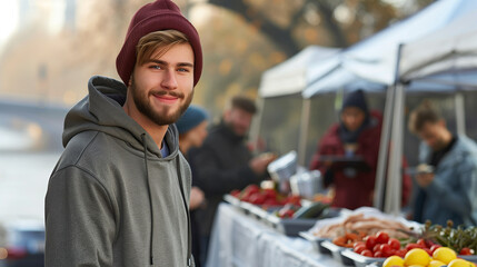 Compassionate volunteers serve warm meals to the homeless and refugees during charity gathering