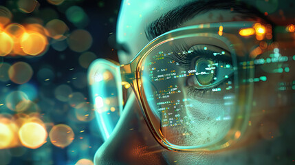 Close-up view showcases an individuals eye behind augmented reality glasses, revealing a digital interface with data overlaying their vision