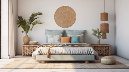 Mockup - obraz na ścianie. Jasna przytulna sypialnia w stylu boho lub skandynawskim. Brązowe i białe kolory wystroju wnętrza i dodatków. Render 3d. Wizualizacja