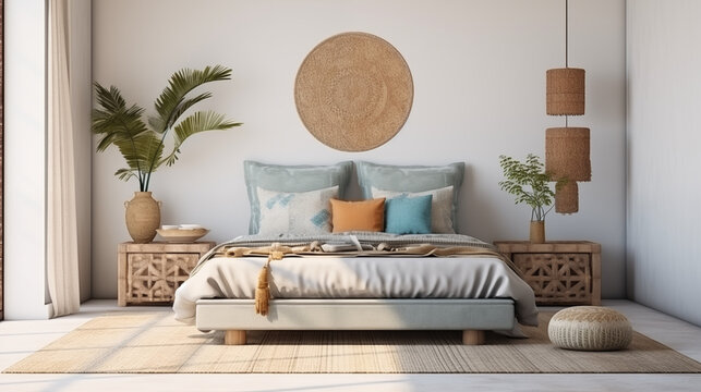 Fototapeta Mockup - obraz na ścianie. Jasna przytulna sypialnia w stylu boho lub skandynawskim. Brązowe i białe kolory wystroju wnętrza i dodatków. Render 3d. Wizualizacja