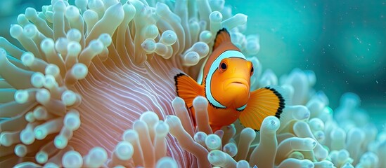 A small orange clownfish takes refuge in an anemone amidst the turquoise waters of the Pacific Ocean. - obrazy, fototapety, plakaty