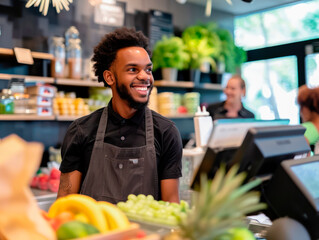 Smiling African American salesman in apron at counter with POS terminal in grocery store