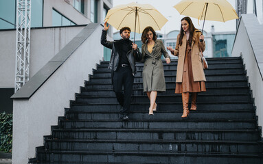 Trendy trio enjoying a casual stroll in the city with bright yellow umbrellas on a wet day, depicting urban lifestyle, friendship, and style.