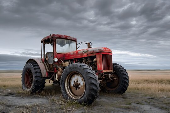 rusted broken down red farmer's tractor overcast gray clouds 