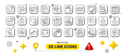 Change card, Donation and Lock line icons pack. 3d design elements. Grocery basket, Pay, New web icon. Candlestick graph, Budget, Loyalty points pictogram. Deflation, Bribe, Card. Vector