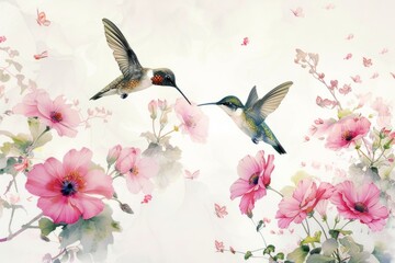 humming birds fluttering above pink flowers Generative AI