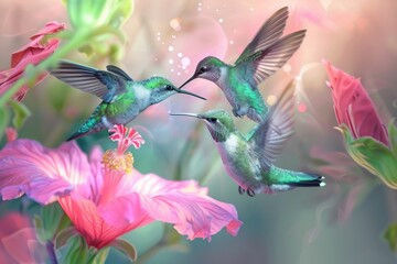 hummingbirds flying above a pink flower Generative AI