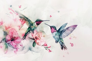 watercolor painting of hummingbirds accompanied by flowers Generative AI