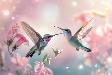 two hummingbirds floating near flowers Generative AI - obrazy, fototapety, plakaty