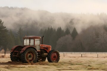 red farm tractor in field on foggy morning with mountains 