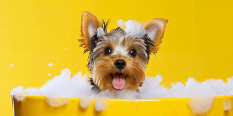 Happy wet dog taking a bath. Cute puppy in a bathtub with soap foam and bubbles. Pets cleaning or...