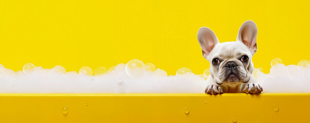 Happy wet dog taking a bath. Cute puppy in a bathtub with soap foam and bubbles. Pets cleaning or washing concept