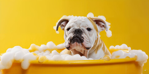 Happy wet dog taking a bath. Cute puppy in a bathtub with soap foam and bubbles. Pets cleaning or washing concept