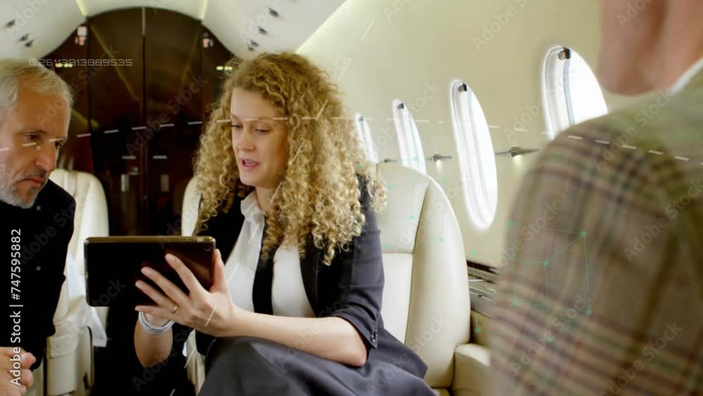 Poster animation of data processing and lines over caucasian business people using tablet