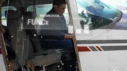Animation of data processing and diagrams over caucasian male pilot in plane - Powered by Adobe