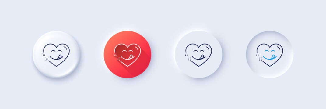 Naklejki Yummy smile line icon. Neumorphic, Red gradient, 3d pin buttons. Emoticon with tongue sign. Comic heart symbol. Line icons. Neumorphic buttons with outline signs. Vector