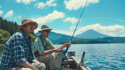  湖のボートで漁具を調整する幸せな日本人男性の友人GenerativeAI - obrazy, fototapety, plakaty
