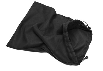 Open blank black luxury drawstring pouch isolated on white