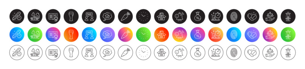Beer glass, Loan and Winner podium line icons. Round icon gradient buttons. Pack of Justice scales, Information bell, Exhaust icon. Diploma, Medical pills, Timer pictogram. Vector