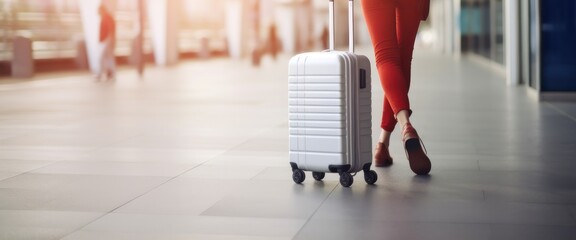 Traveler woman with suitcase in airport hall. Travel, tourism and journey concept. Travel and business concept. Travel and tourism concept with copy space. Copy space. 