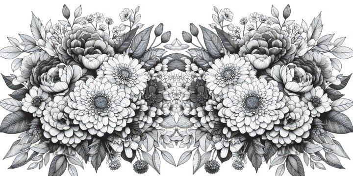 Two bouquets of chrysanthemums and dahlias on white background colouring books.