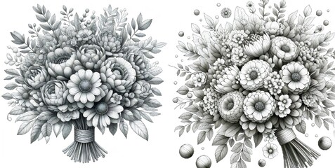 Two bouquets of chrysanthemums and dahlias in black and white