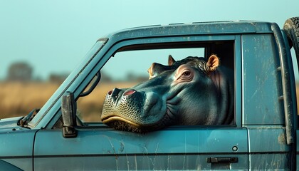 funny hippo driving a blue truck head in window - obrazy, fototapety, plakaty