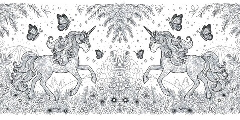 Beautiful black and white illustration for adult coloring book page with a cute unicorn in the forest.