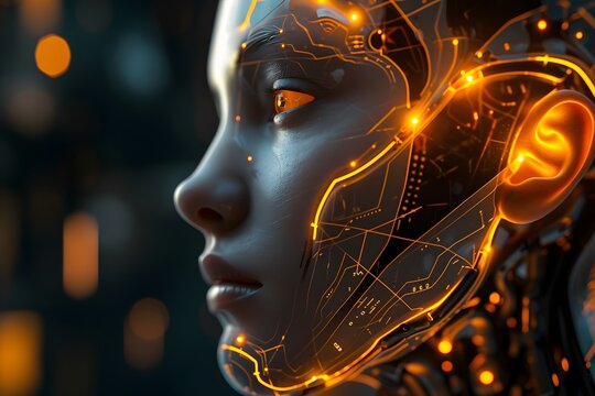 glowing head with orange lines artificial intelligence robot alien human hybrid