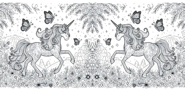 Beautiful black and white illustration for adult coloring book page with a cute unicorn in the forest.