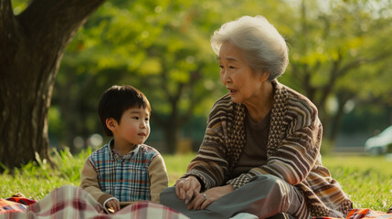 公園でピクニック毛布の上に座る日本の祖母と孫GenerativeAI