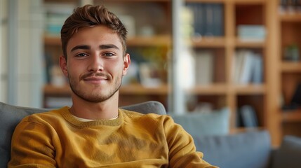 Fototapeta premium A young man sits in a chair at a consultation with a psychotherapist. He looks at the camera smiling