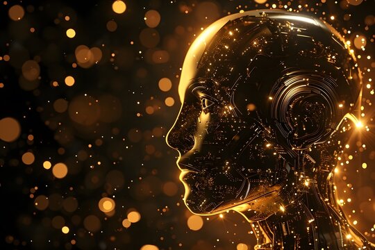 artificial intelligence robot head face black and gold bokeh