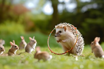 adorable hedgehog playing with a hula hoop and baby bunnies in the grass - obrazy, fototapety, plakaty