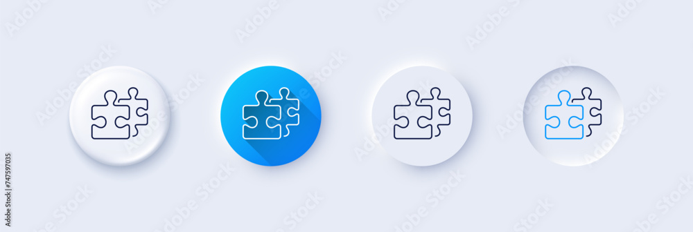 Poster puzzle pieces line icon. neumorphic, blue gradient, 3d pin buttons. jigsaw game challenge sign. busi