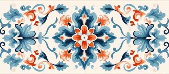 Fototapeta na wymiar A delicate victorian majolica tile featuring a seamless rapport of blue and red floral designs on a clean white background.