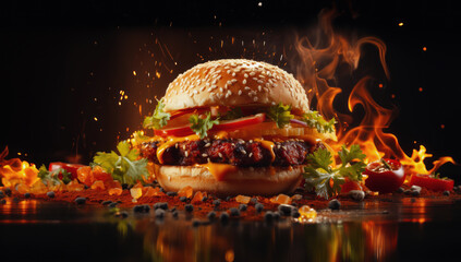 Juicy bbq burger with hot spices, hot, ready to serve and eat
