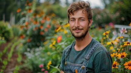 young handsome farmer in a green shirt and denim overalls looks smiling at the camera