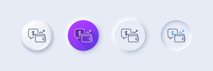 Wallet line icon. Neumorphic, Purple gradient, 3d pin buttons. Money savings sign. Cash budget symbol. Line icons. Neumorphic buttons with outline signs. Vector