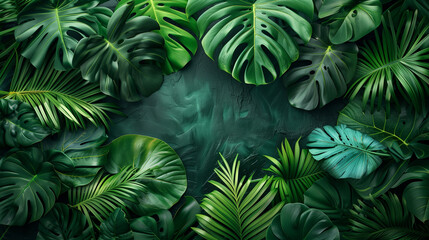 Fototapeta na wymiar Tropical leaves on dark background