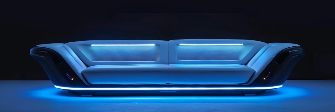photo of a futuristic sofa. The sofa has visible integrated speakers for surround sound and noise