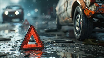 Depiction of emergency road procedures with a red warning triangle placed for safety during tire change - obrazy, fototapety, plakaty