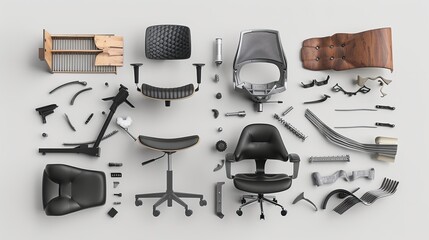Task desk chair in pieces against a white background. Components of an office chair.