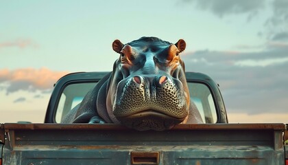 funny hippo pickup truck hippopotamus  - obrazy, fototapety, plakaty