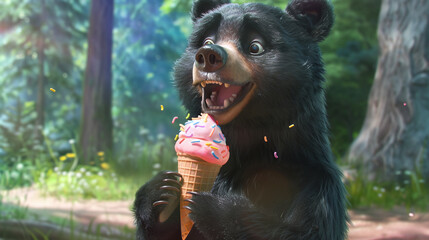 Black bear holds an ice cream in its claws and licks it - obrazy, fototapety, plakaty