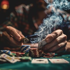 Gambler smoking with cards and poker chips in hands in casino. Defocused background, no face