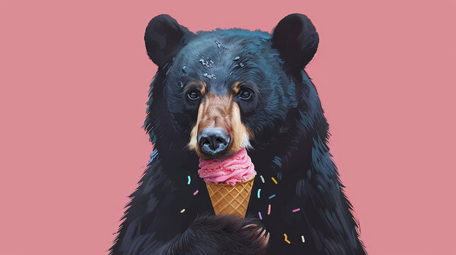 Black bear holds an ice cream in its claws and licks it