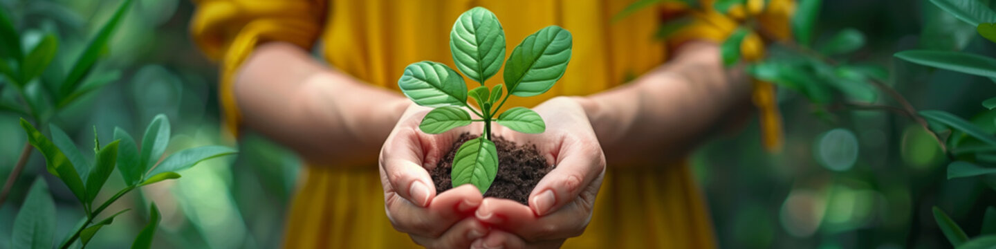 Panoramic header with hand holding young plant against greenery background