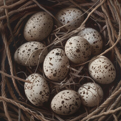 Naklejka na ściany i meble A delicate close-up of speckled bird eggs nestled within a nest woven with intricate precision