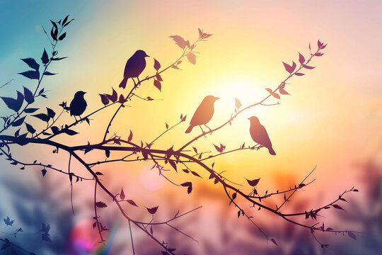 birds singing in harmony on a misty morning, their silhouettes outlined against the soft glow of the rising sun